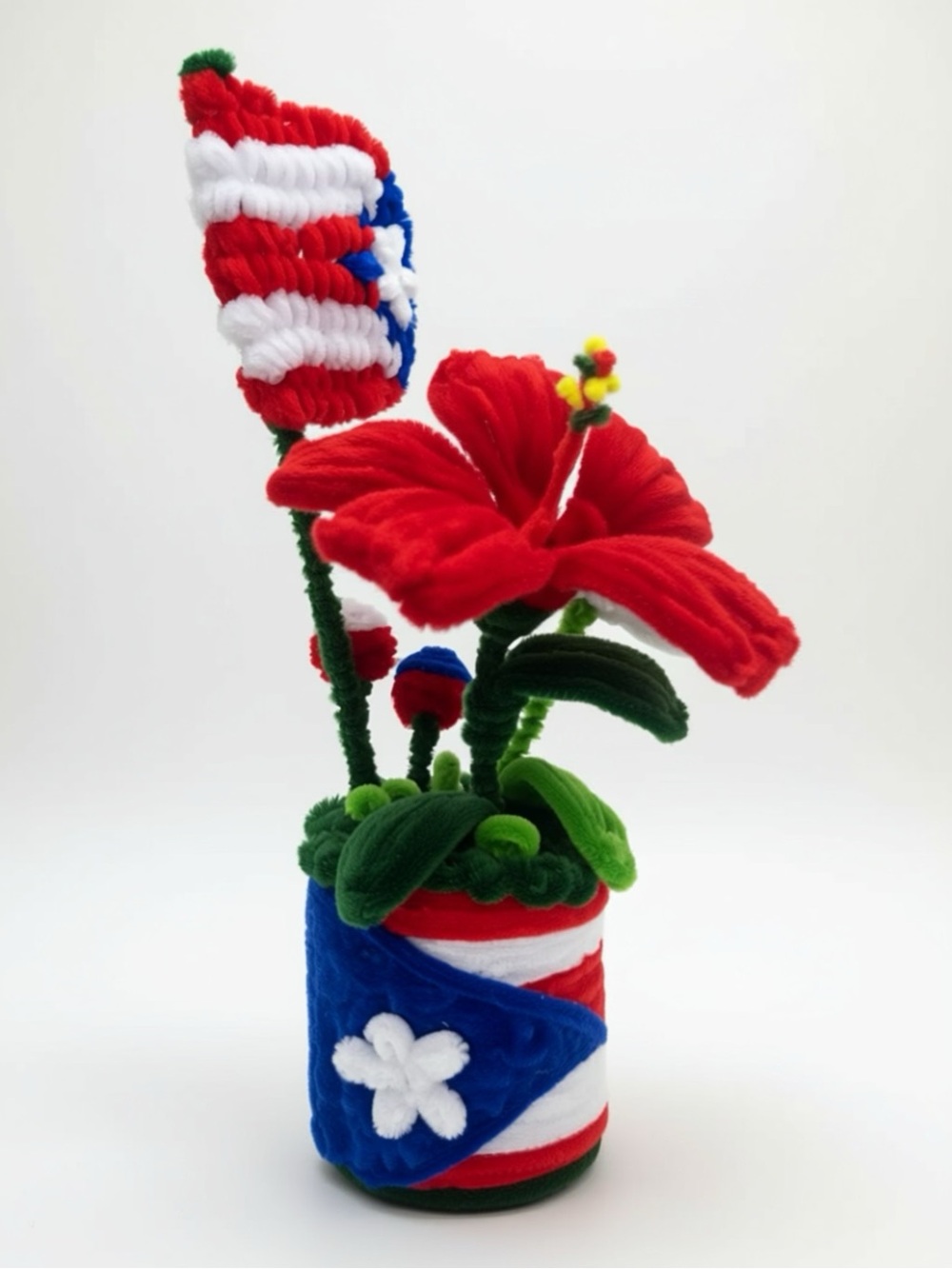 Red Hibiscus Faux Floral Accent with Patriotic Pot - Unbranded